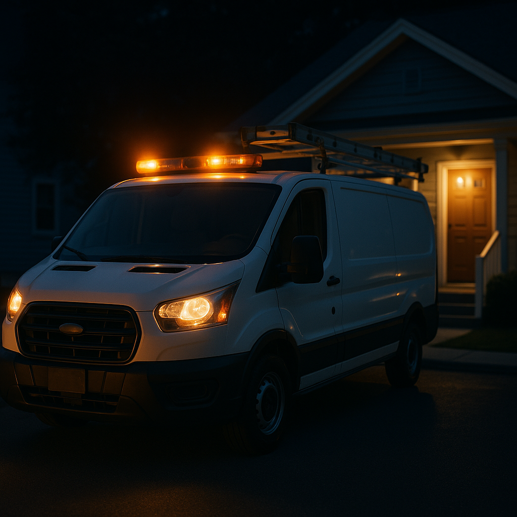 Emergency electrical service van at night